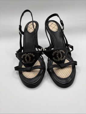CHANEL Black Studded Slingback Sandals with Beige Insole